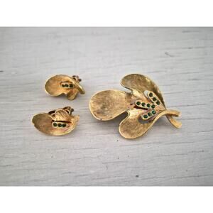 Vintage J.J. Jonette Green Rhinestone Leaf Brooch and Earring Set